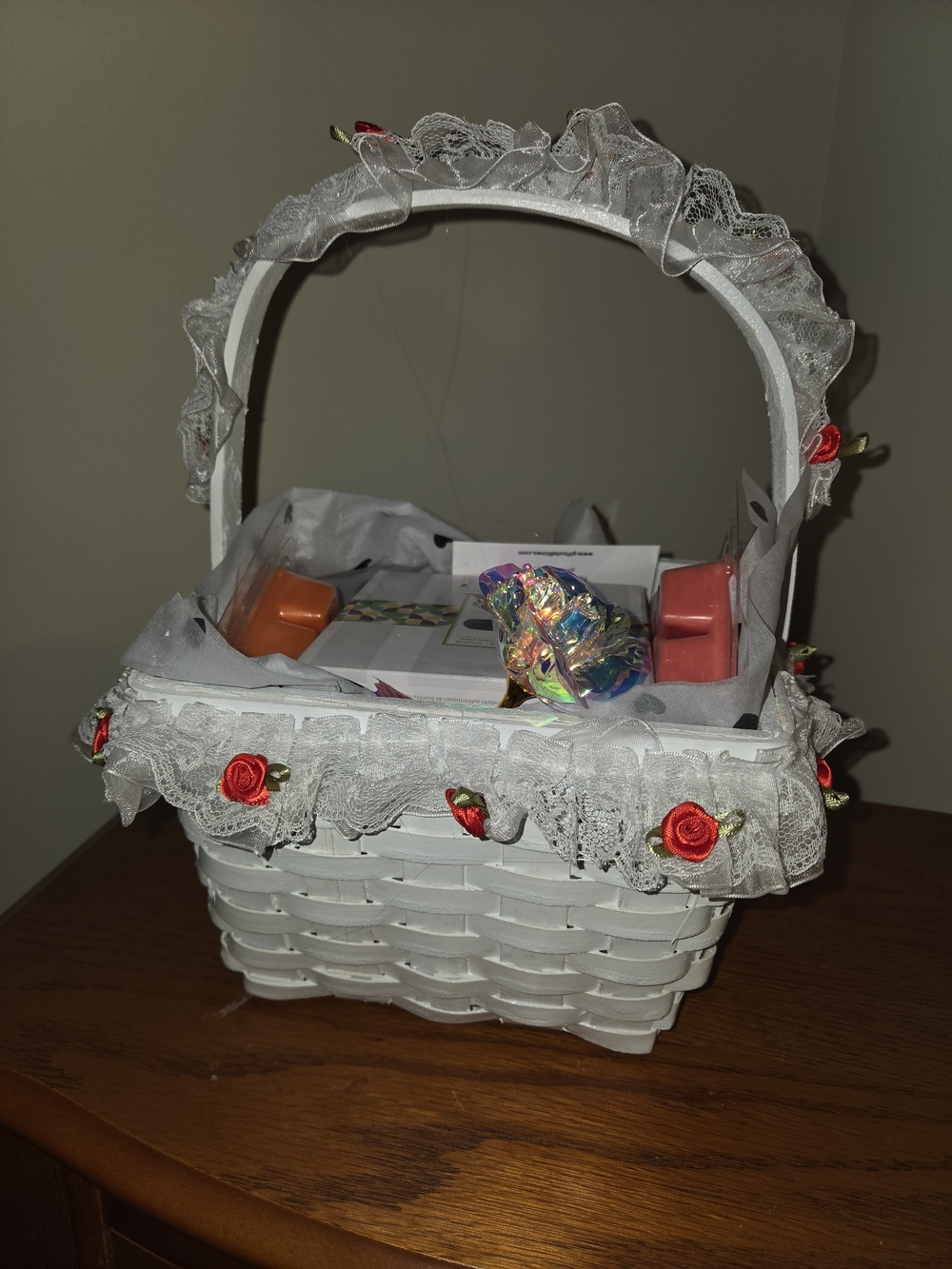 White Decorative Lace Basket with Red Rose Accents